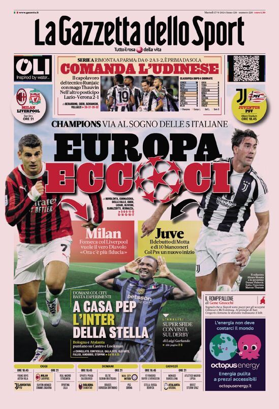 Gazzetta dello Sport prima pagina 
            Edizione di Oggi, Martedì 17 Settembre 2024