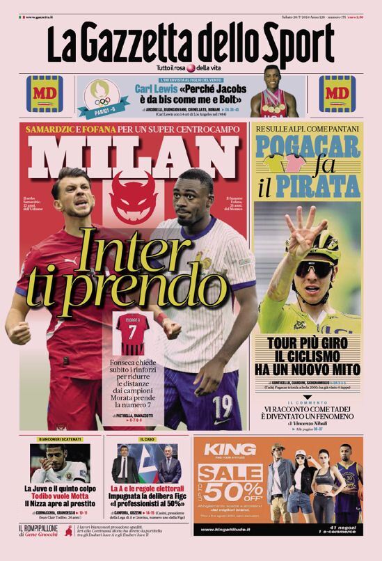 Gazzetta dello Sport Prima Pagina: Edizione di Oggi, Sabato 20 Luglio 2024