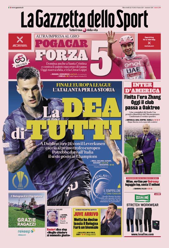 Gazzetta dello Sport prima pagina 
            Edizione di Oggi, Mercoledì 22 Maggio 2024