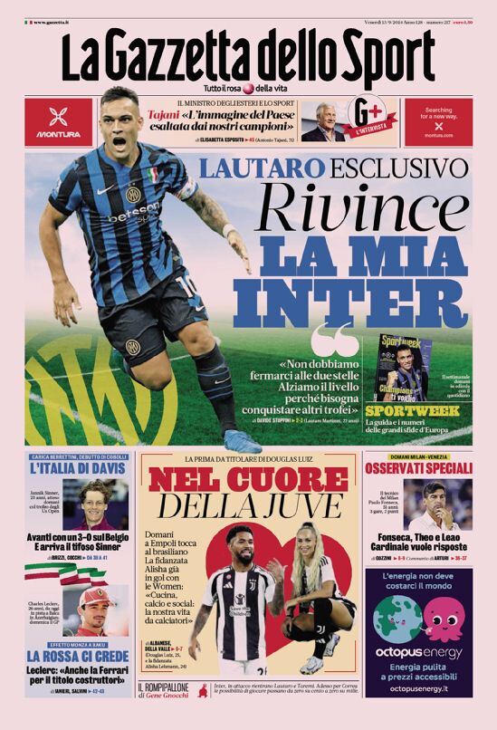 Gazzetta dello Sport prima pagina 
            Edizione di Oggi, Venerdì 13 Settembre 2024