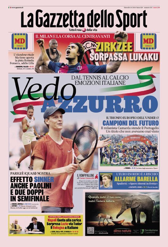 Gazzetta dello Sport Prima Pagina: L’Edizione di Oggi, Giovedì 06 Giugno 2024