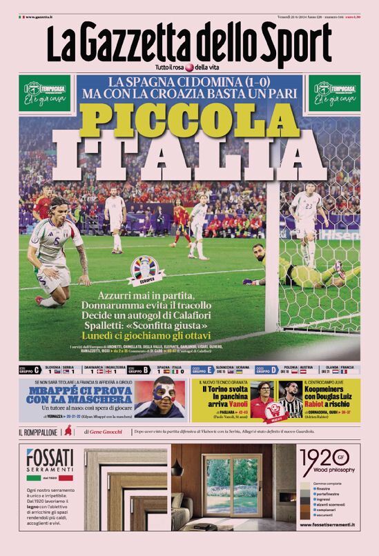 Gazzetta dello Sport Prima Pagina: Edizione di Oggi, Venerdì 21 Giugno 2024