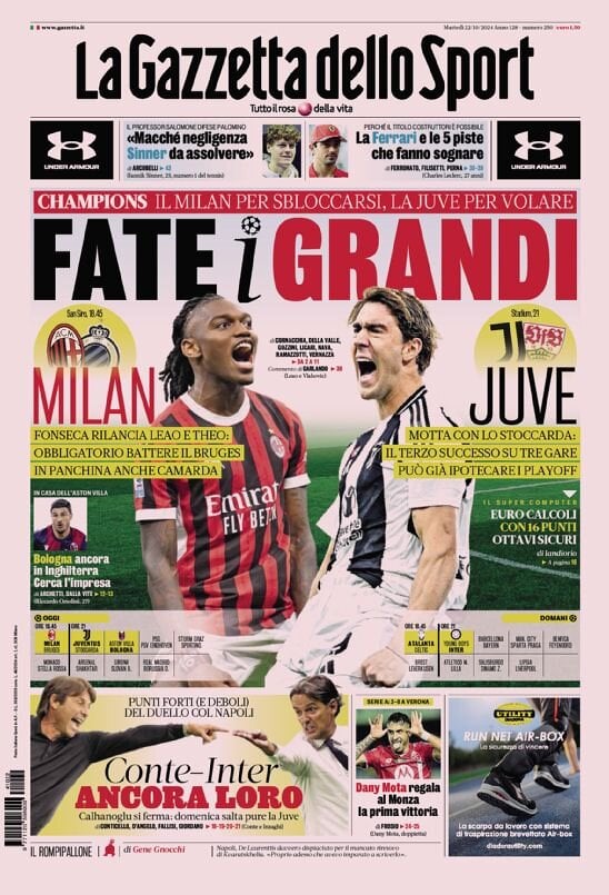 Gazzetta dello Sport prima pagina 
            Edizione di Oggi, Martedì 22 Ottobre 2024