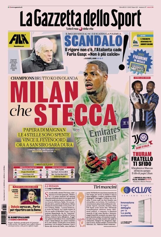 Gazzetta dello Sport prima pagina 
            Edizione di Oggi, Giovedì 13 Febbraio 2025