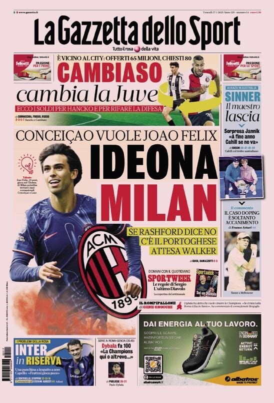 Gazzetta dello Sport prima pagina 
            Edizione di Oggi, Venerdì 17 Gennaio 2025