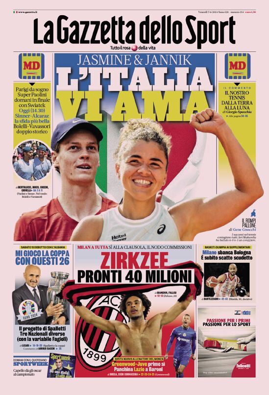 Gazzetta dello Sport prima pagina 
            Edizione di Oggi, Venerdì 07 Giugno 2024