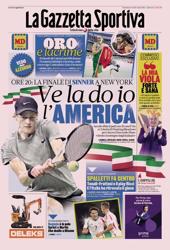 Gazzetta dello Sport prima pagina 
            Edizione di Oggi, Domenica 08 Settembre 2024