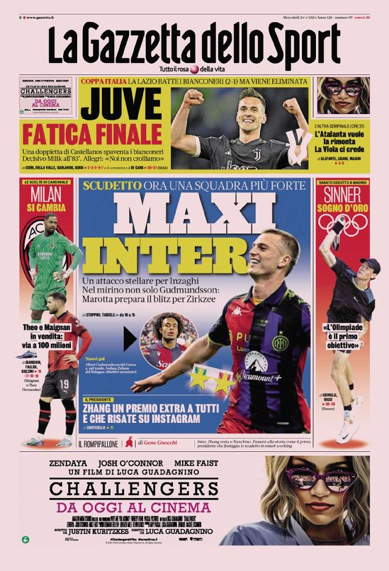 Gazzetta dello Sport prima pagina 
            Edizione di Oggi, Mercoledì 24 Aprile 2024