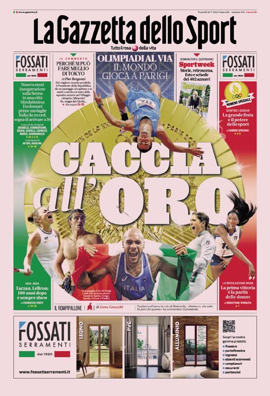 Gazzetta dello Sport prima pagina 
            Edizione di Oggi, Venerdì 26 Luglio 2024