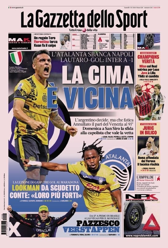 Gazzetta dello Sport prima pagina 
            Edizione di Oggi, Lunedì 04 Novembre 2024