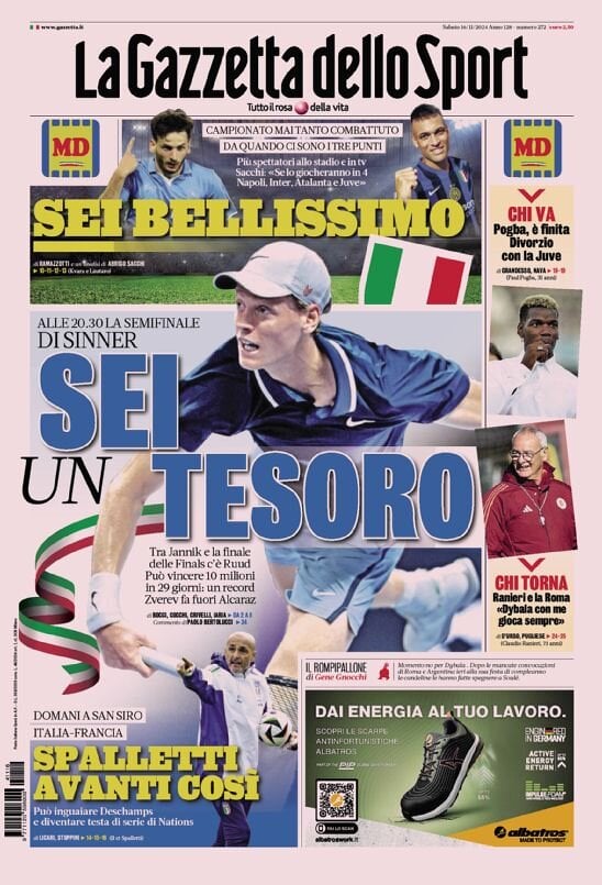 Gazzetta dello Sport prima pagina 
            Edizione di Oggi, Sabato 16 Novembre 2024