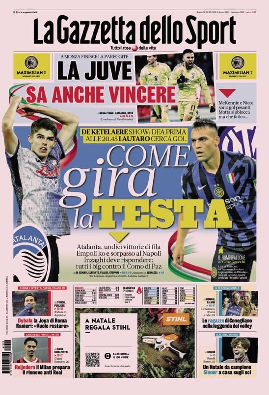 Gazzetta dello Sport prima pagina 
            Edizione di Oggi, Lunedì 23 Dicembre 2024