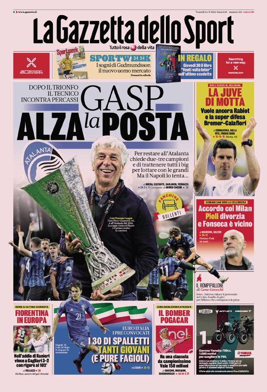 Gazzetta dello Sport prima pagina 
            Edizione di Oggi, Venerdì 24 Maggio 2024