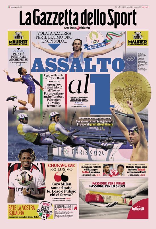 Gazzetta dello Sport Prima Pagina: Edizione di Oggi, Giovedì 08 Agosto 2024