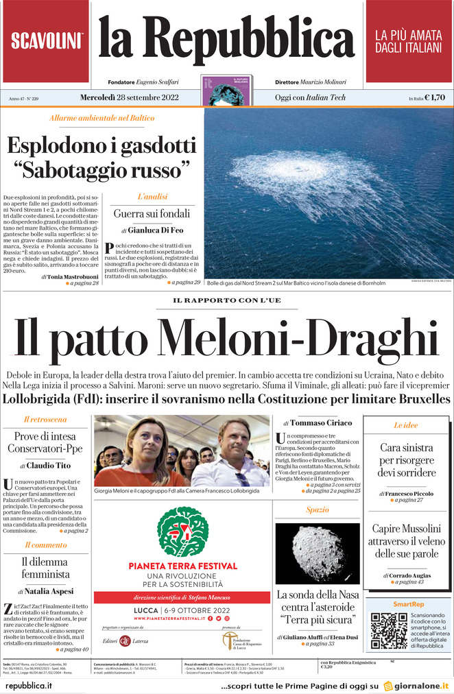 La Repubblica, prima pagina