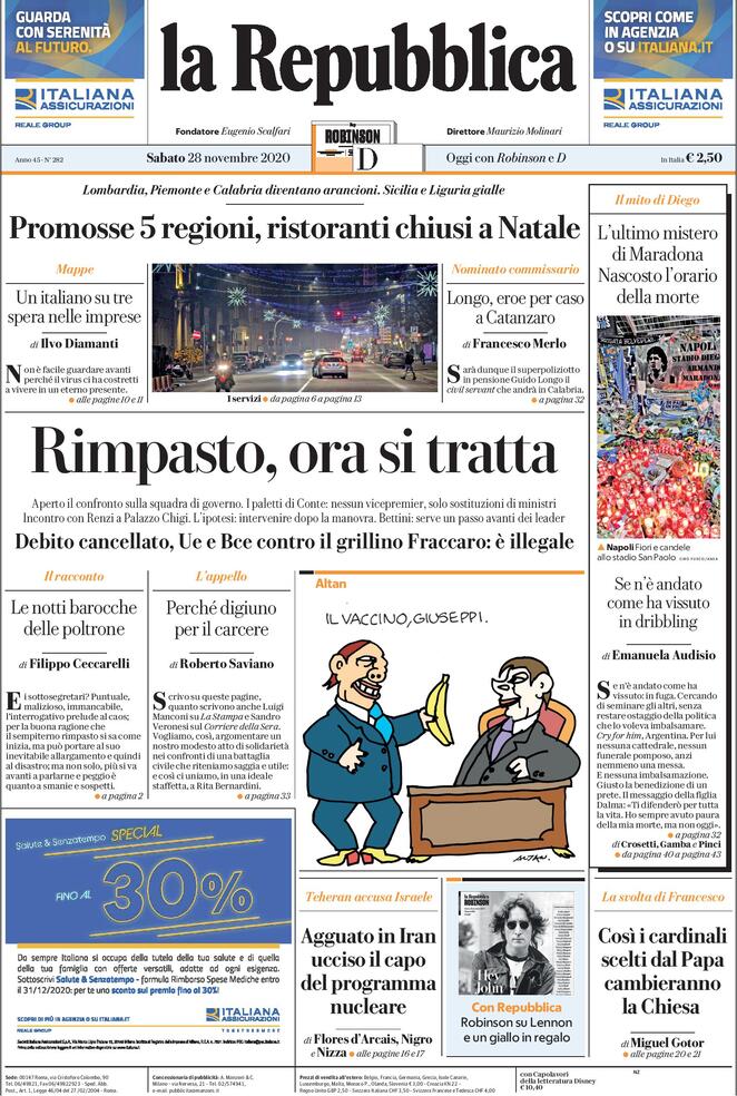 La Repubblica, prima pagina