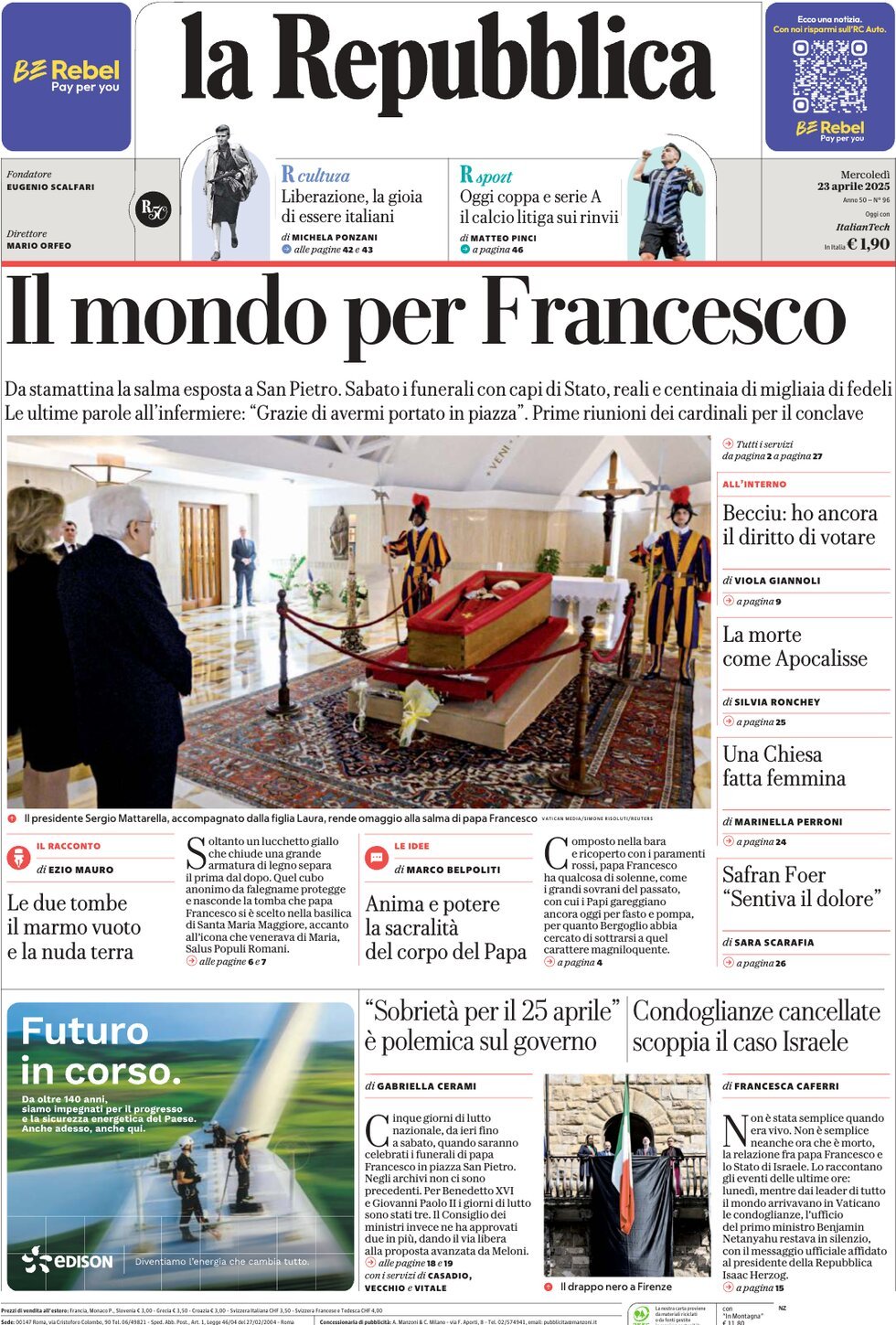La Repubblica, prima pagina