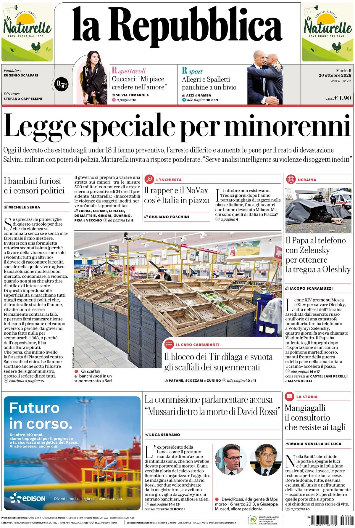 Prima pagina La Repubblica del 20/10/2026