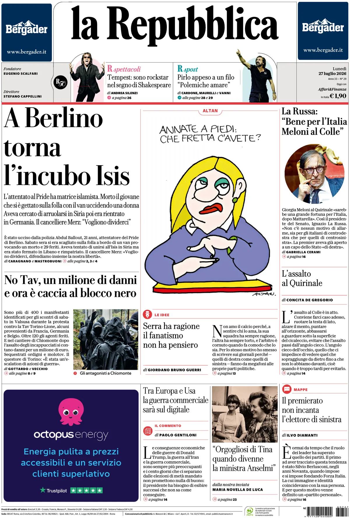 La Repubblica, prima pagina