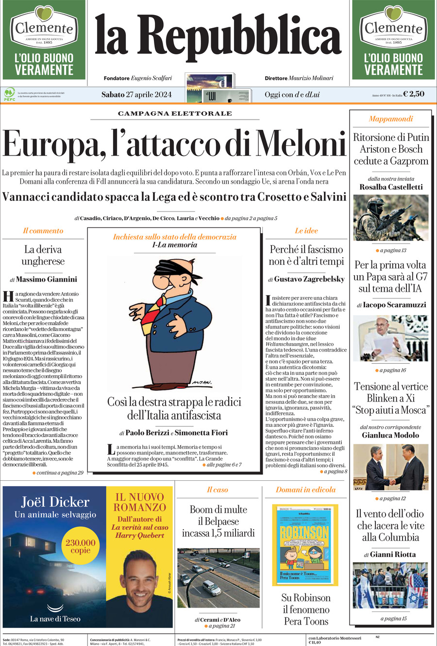 La Repubblica, prima pagina