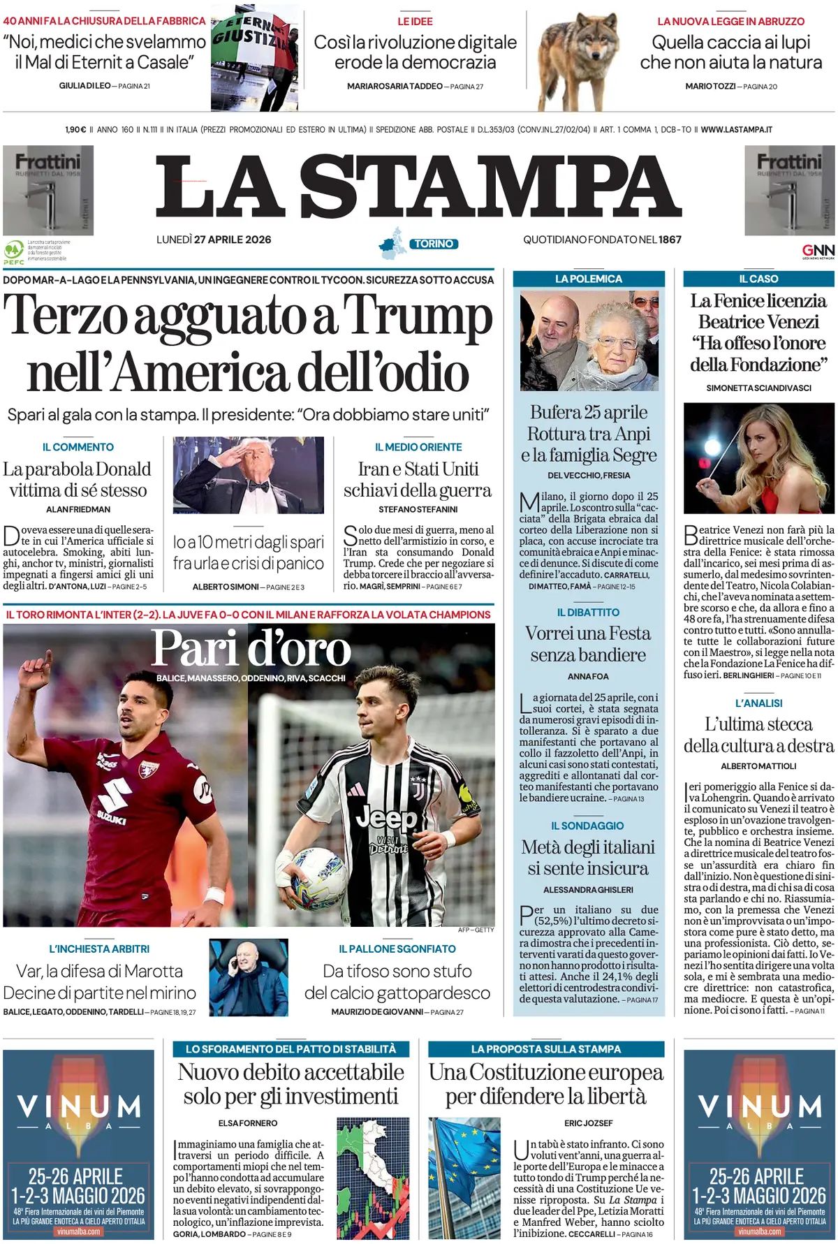 La Stampa, prima pagina