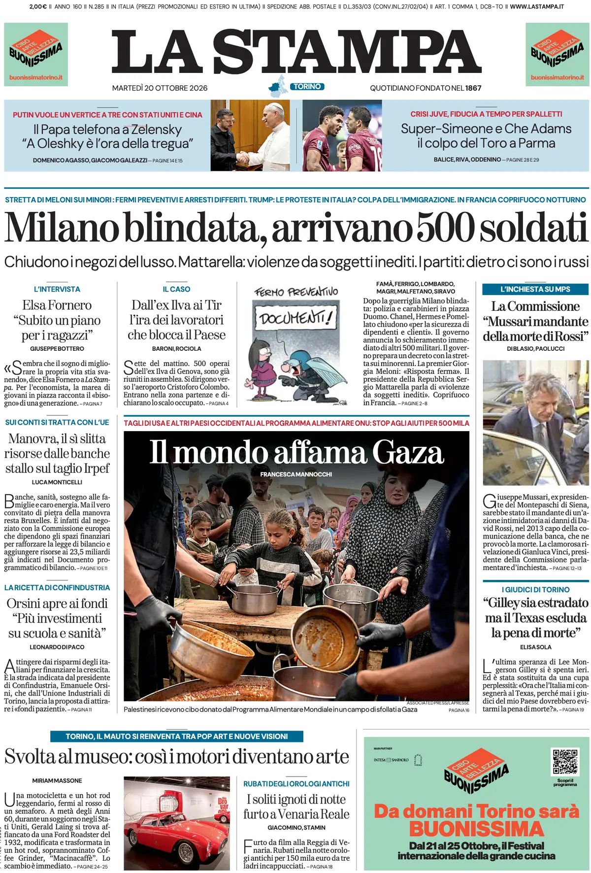 Prima pagina La Stampa del 20/10/2026