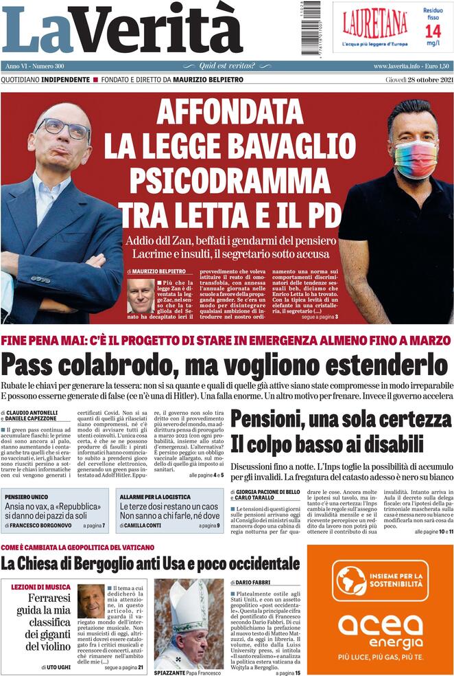 La Verità, prima pagina