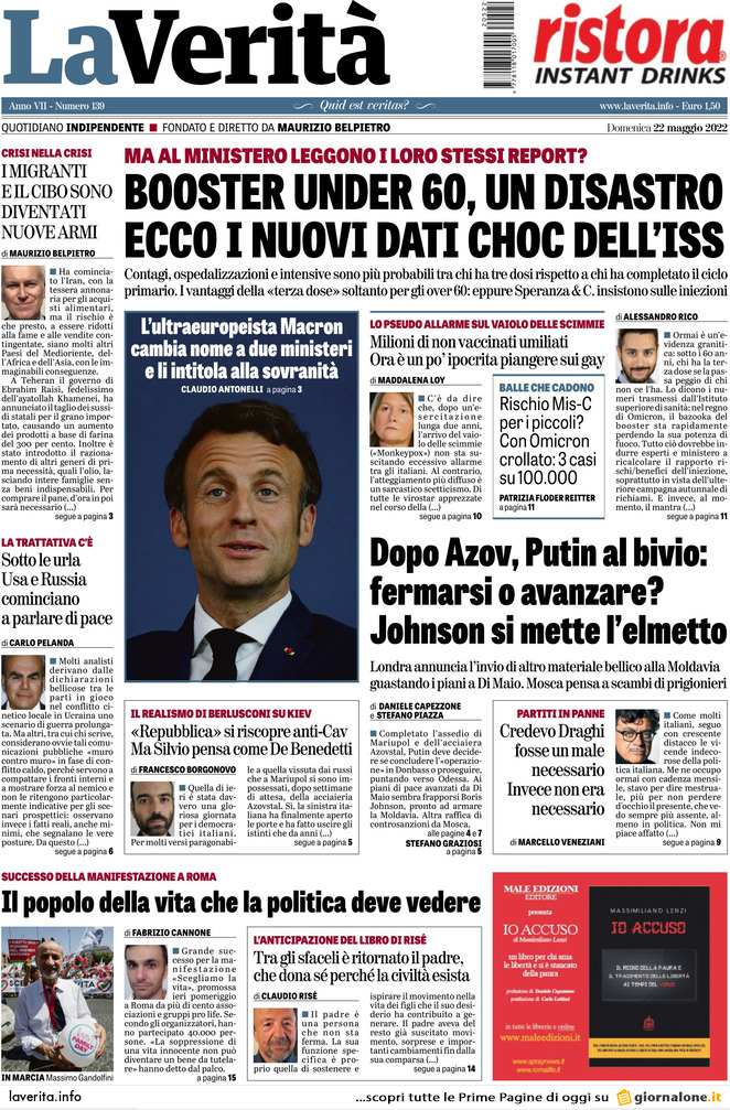 La Verità, prima pagina