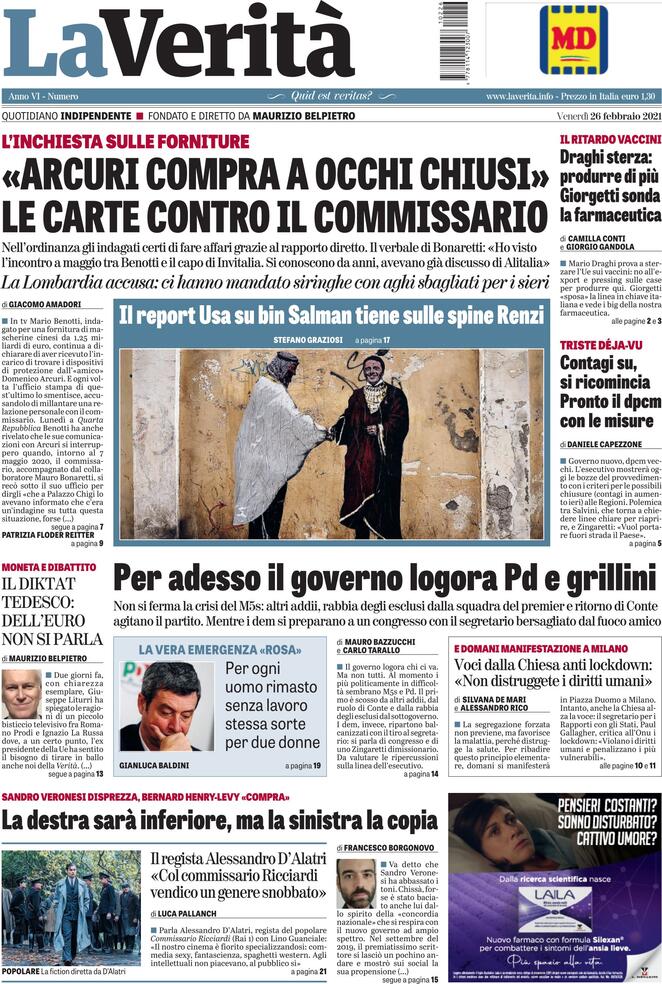 La Verità, prima pagina