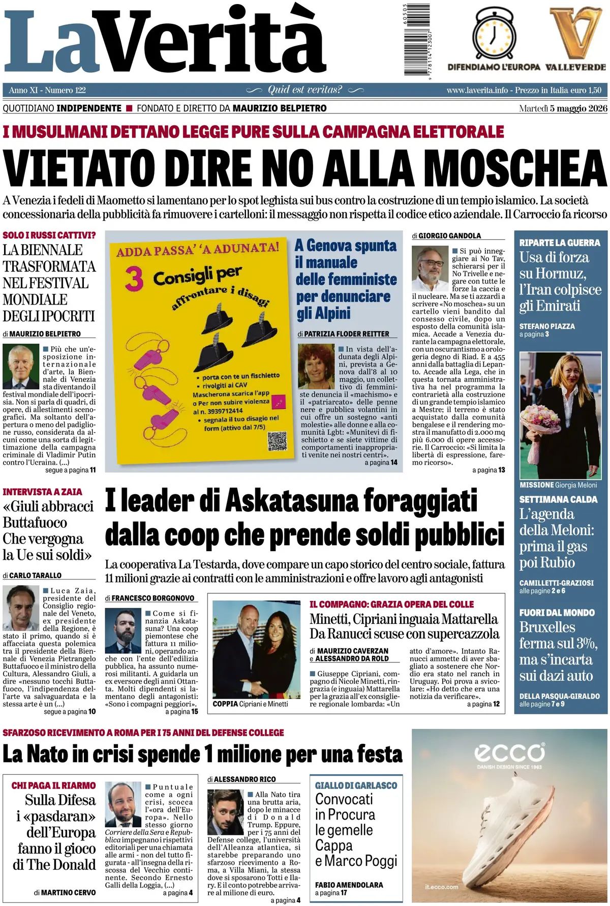 La Verità, prima pagina