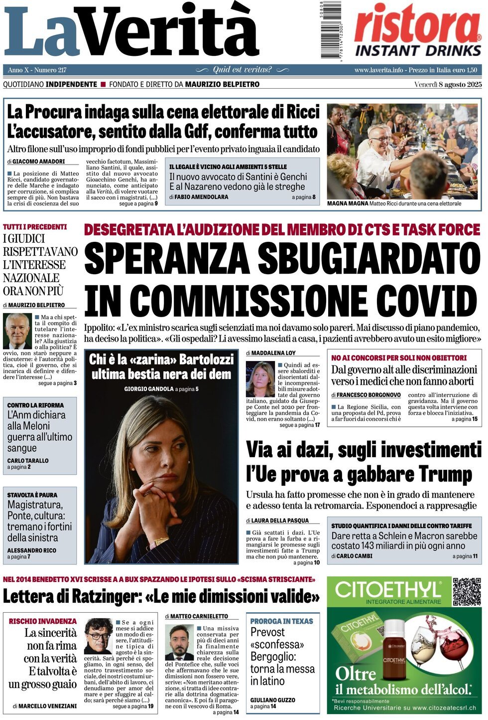 La Verità, prima pagina