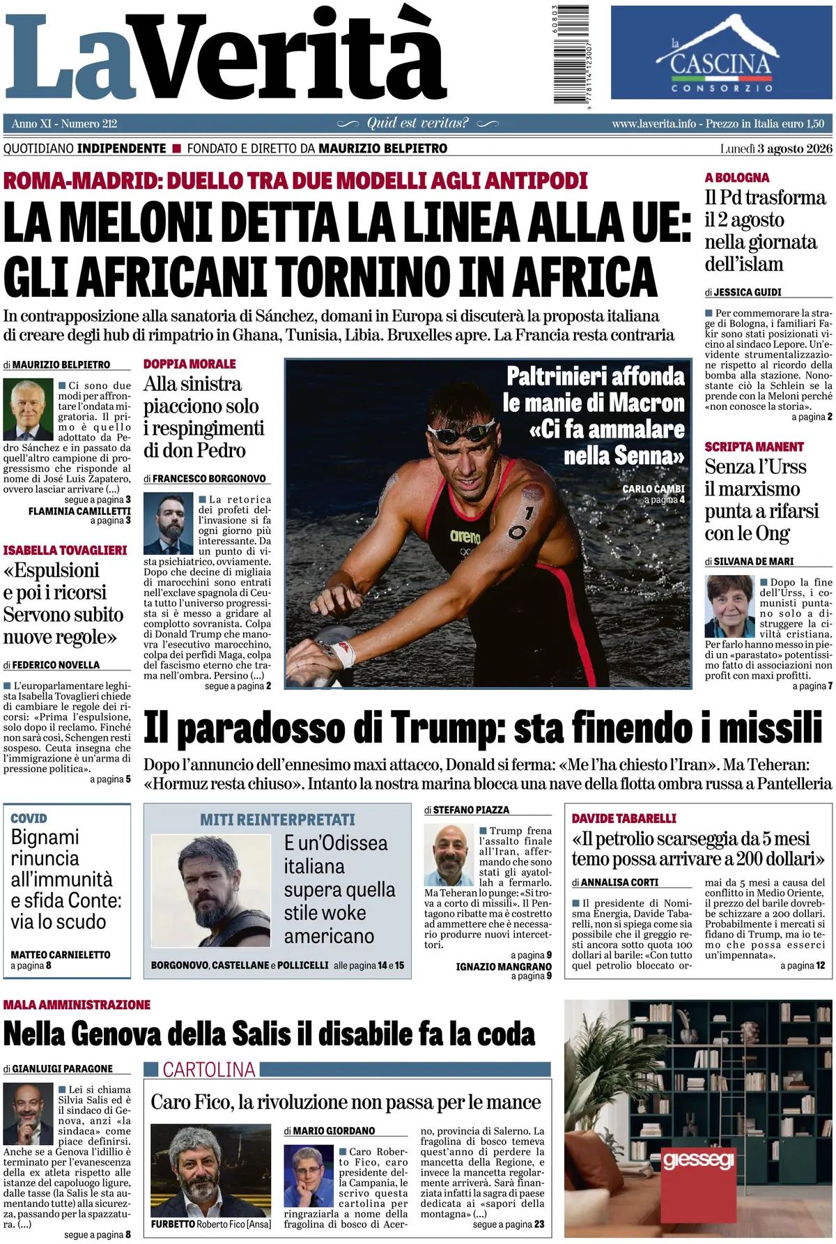 La Verità, prima pagina