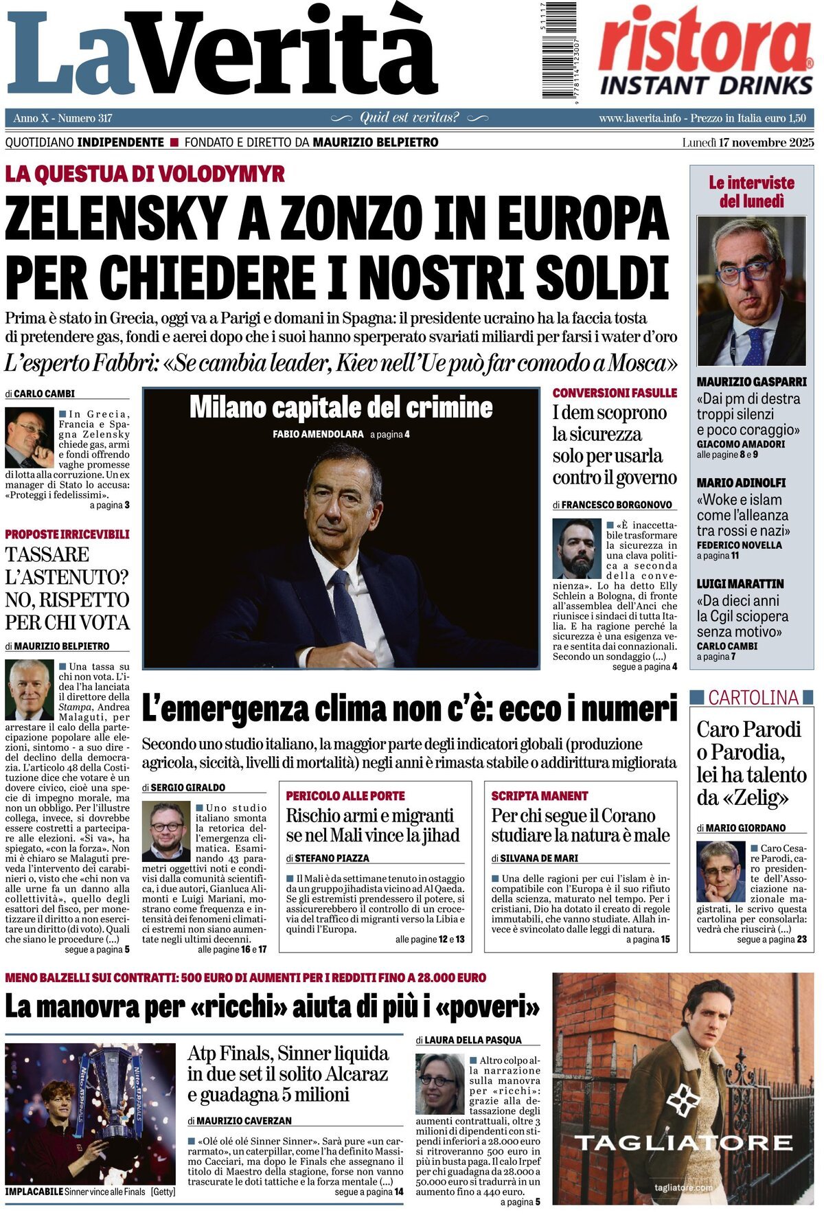 La Verità, prima pagina