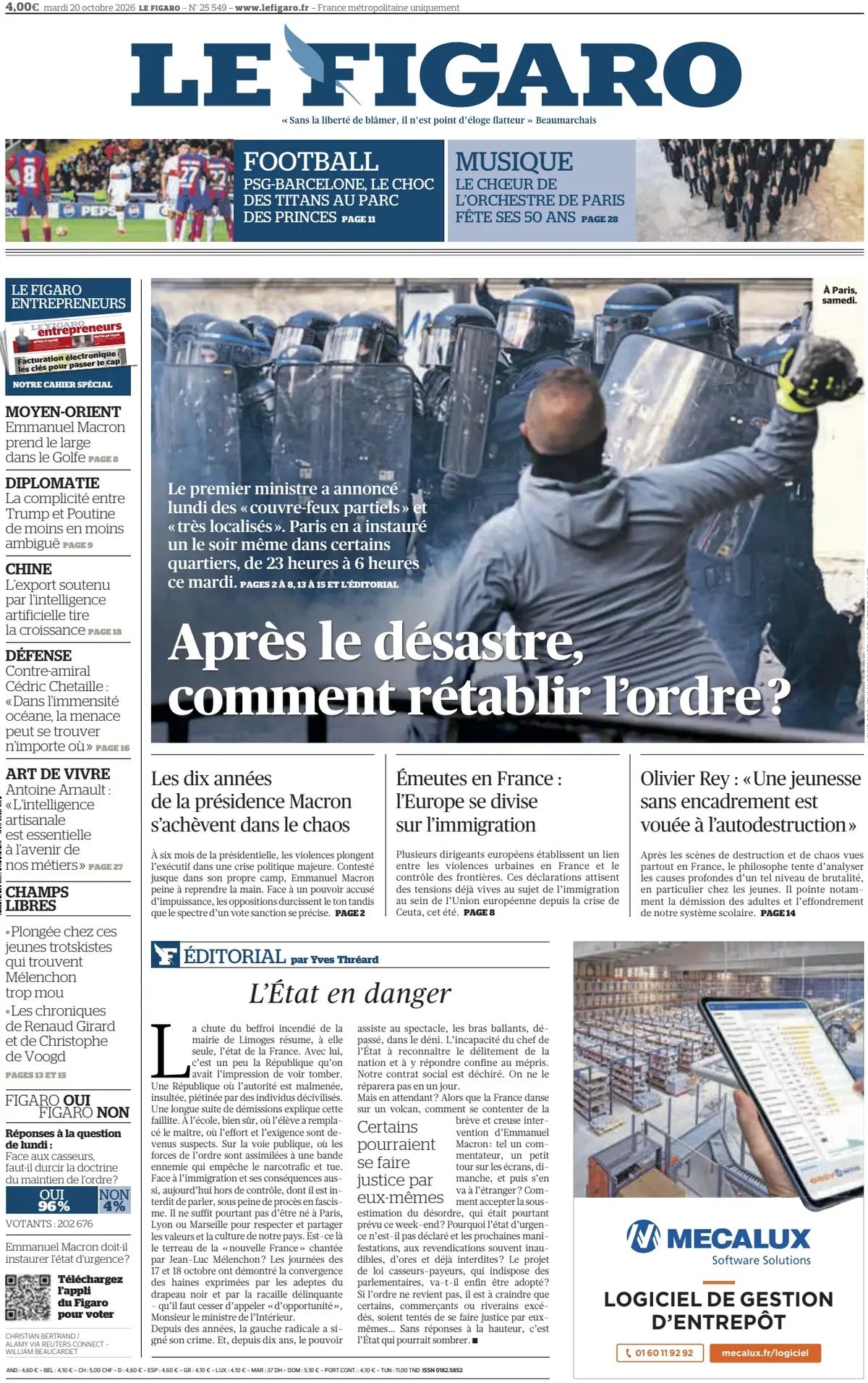 Prima pagina Le Figaro del 20/10/2026