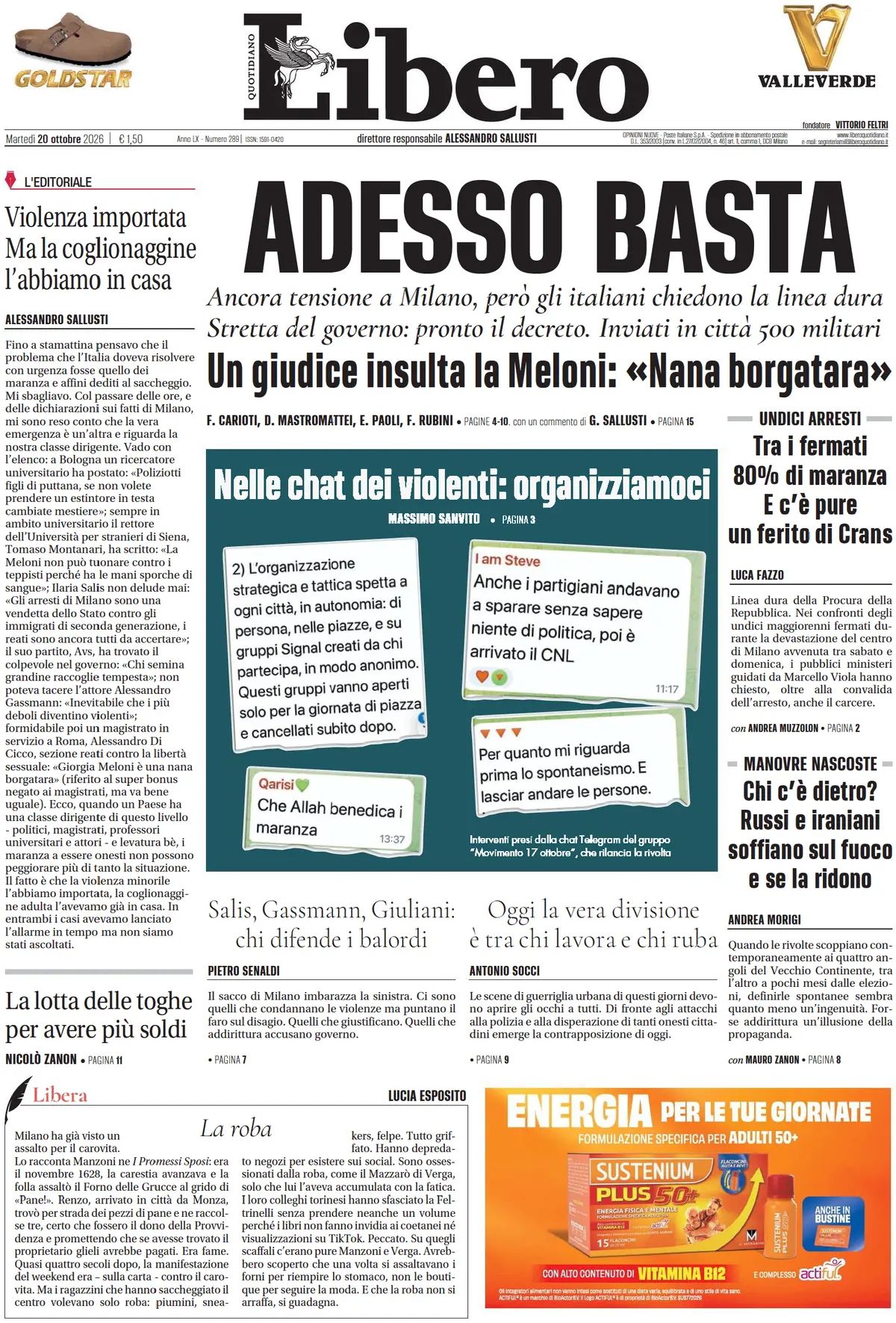 Prima pagina Libero Quotidiano del 20/10/2026