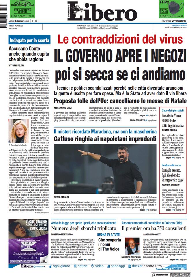Libero Quotidiano, prima pagina