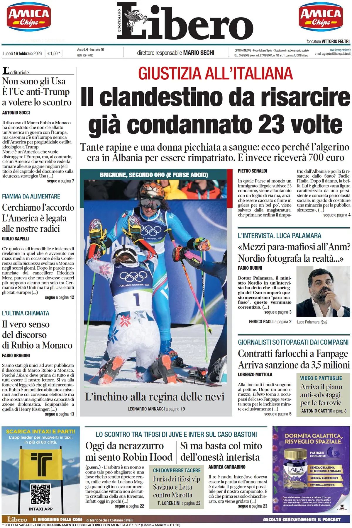 prima pagina del quotidiano libero di oggi