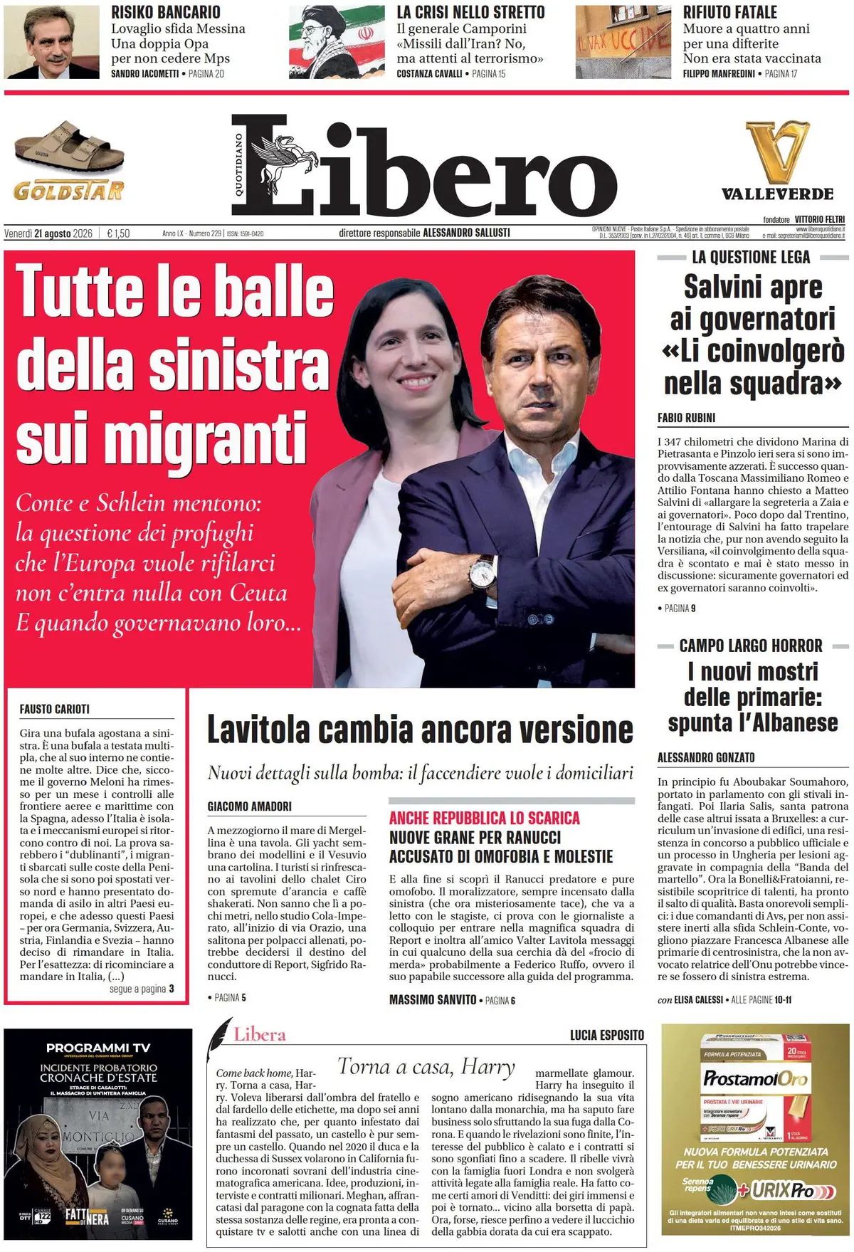 Libero Quotidiano, prima pagina