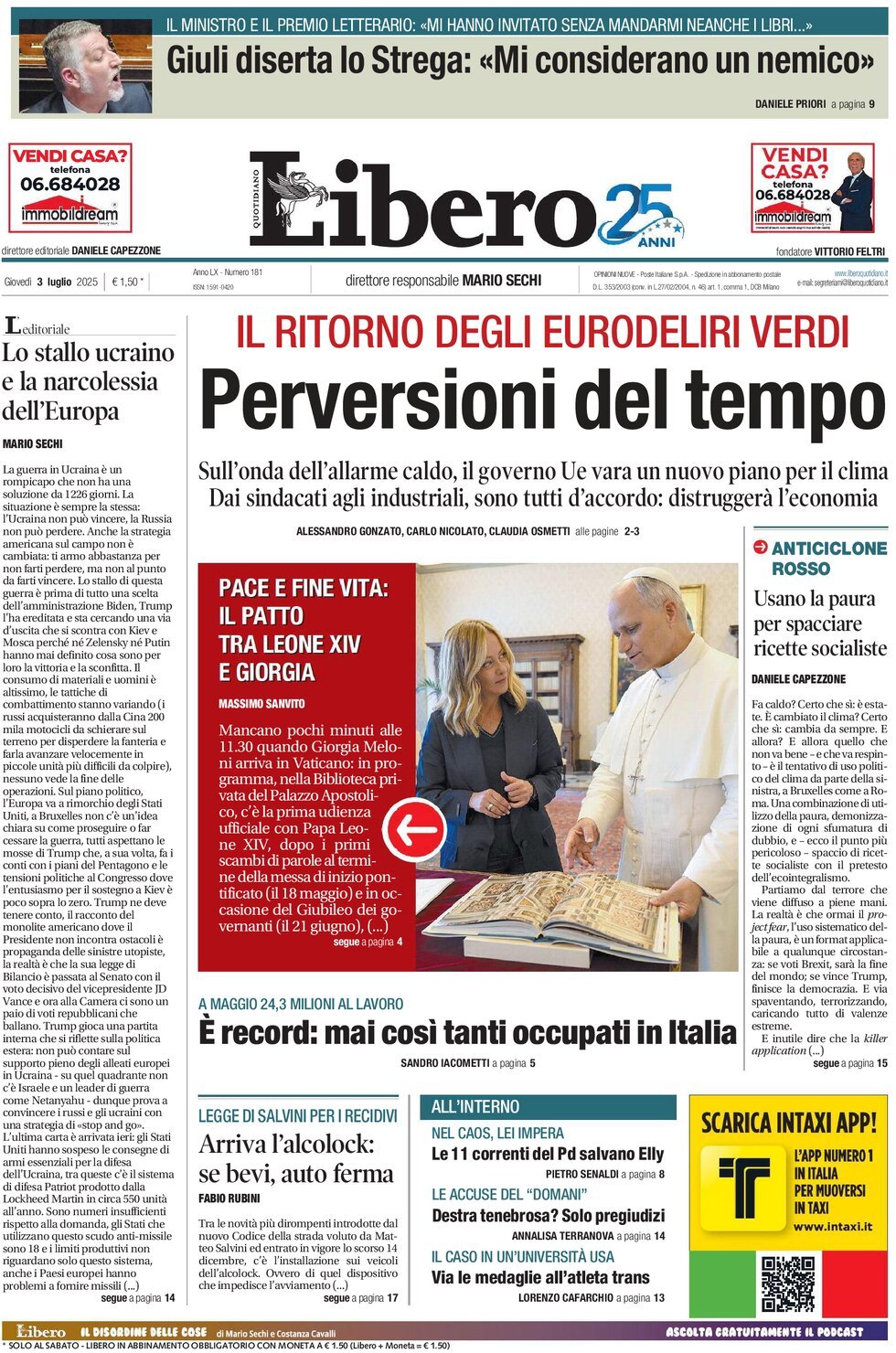 Libero Quotidiano, prima pagina