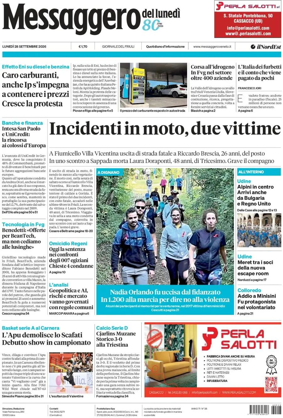 Messaggero Veneto, prima pagina