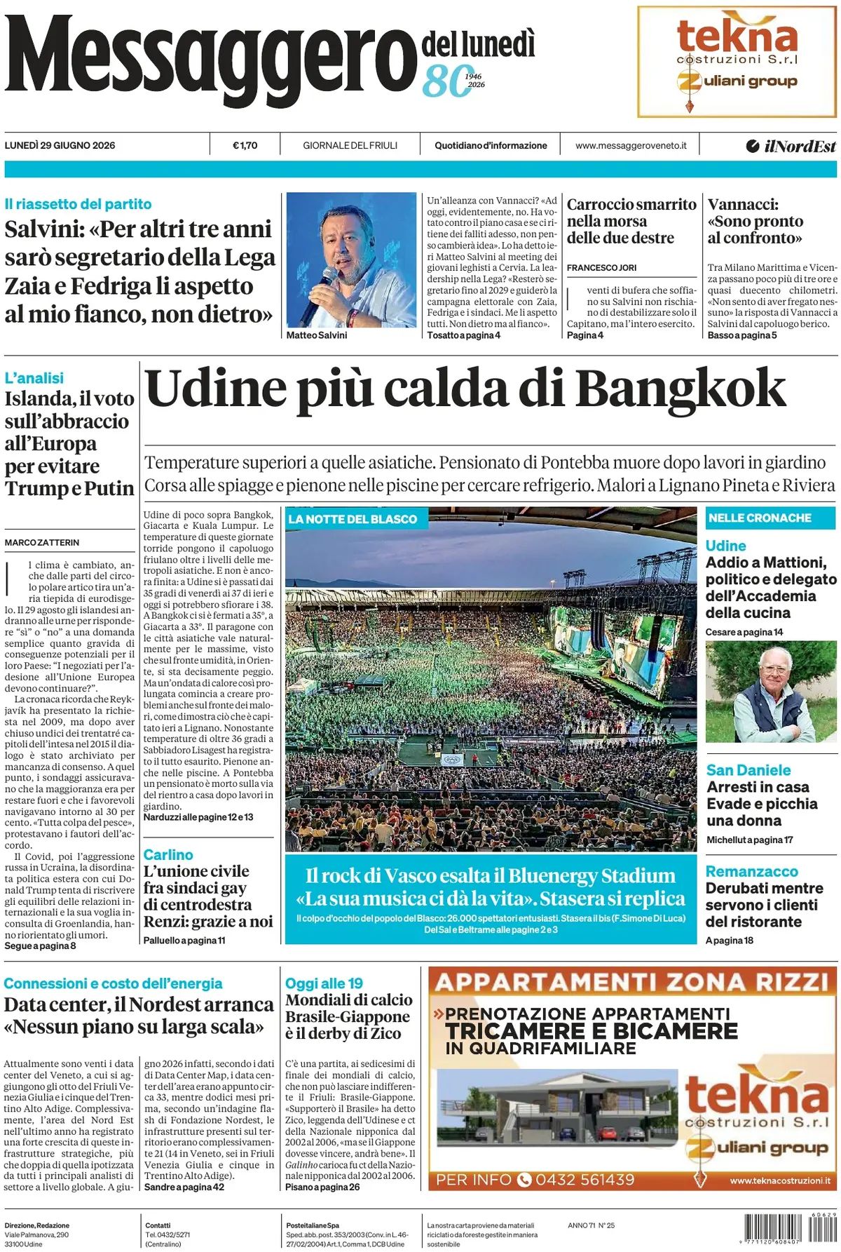 Messaggero Veneto, prima pagina