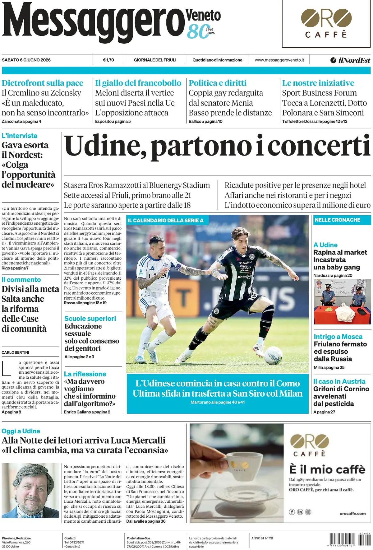Messaggero Veneto, prima pagina