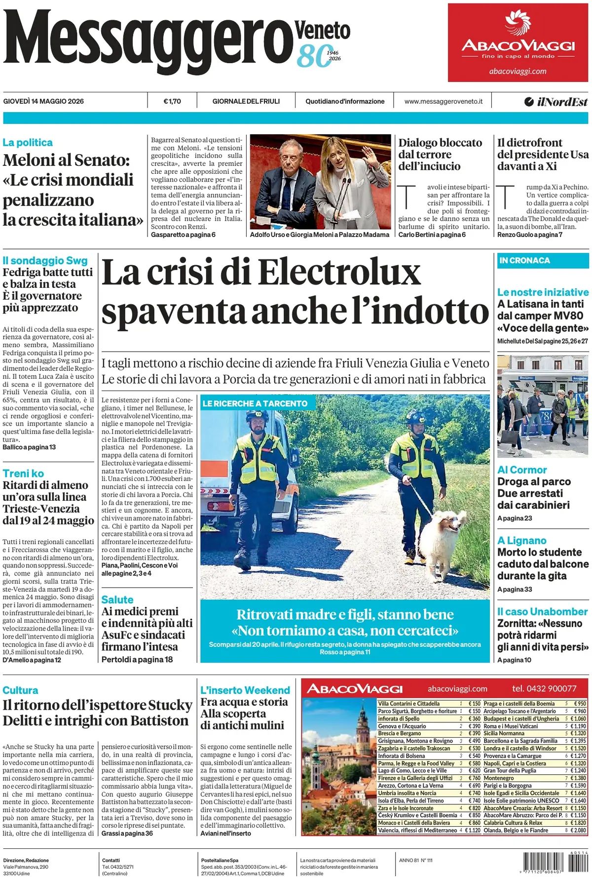 Messaggero Veneto, prima pagina
