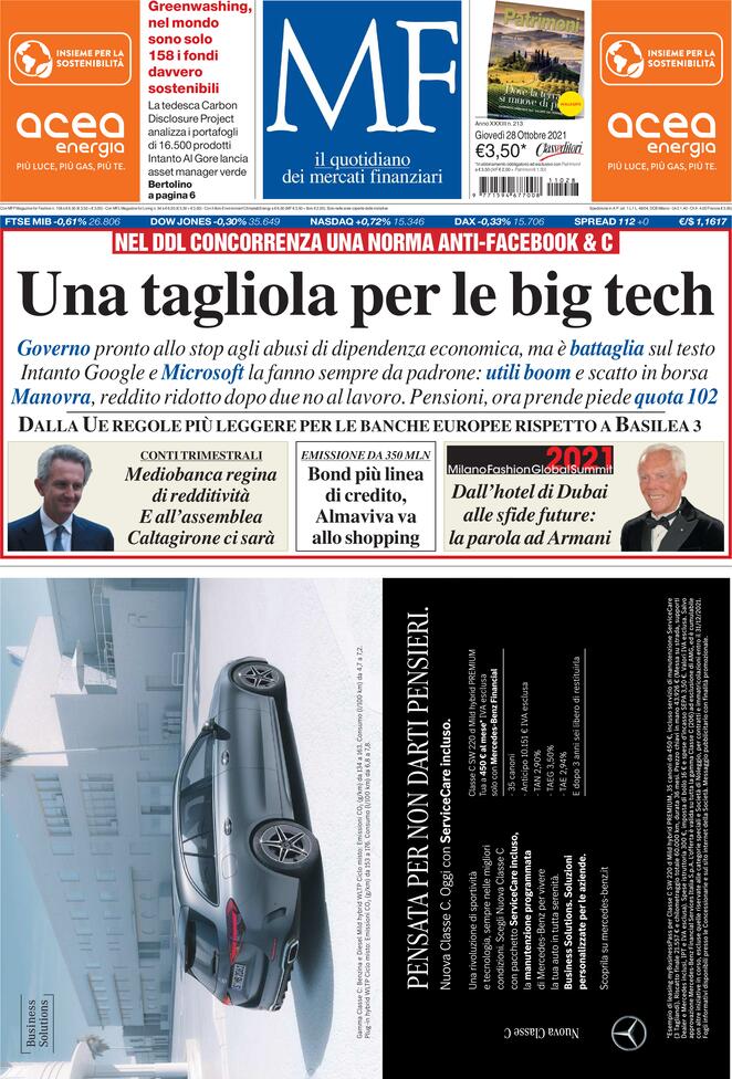 MF Milano Finanza, prima pagina