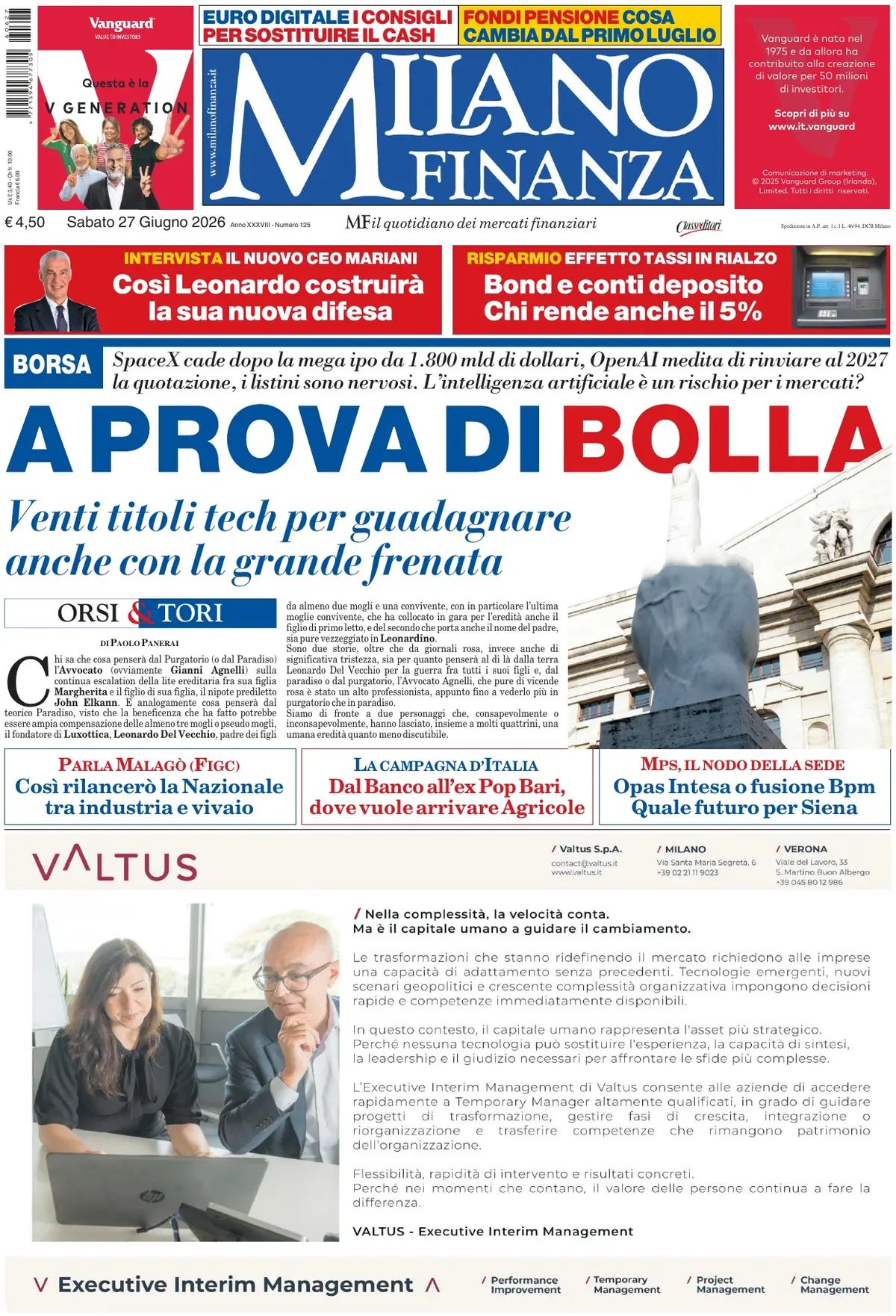 MF Milano Finanza, prima pagina