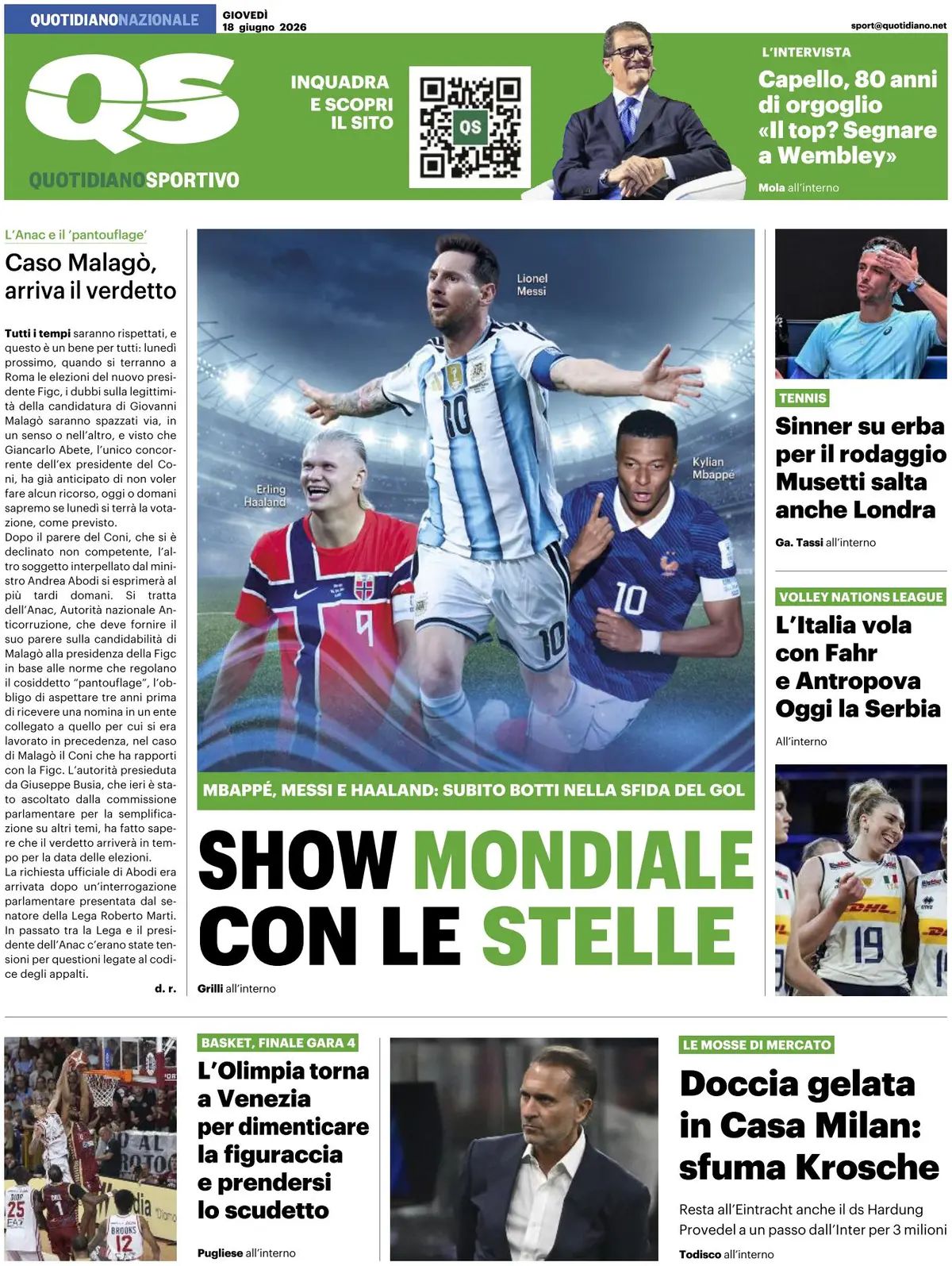 QS Sport, prima pagina