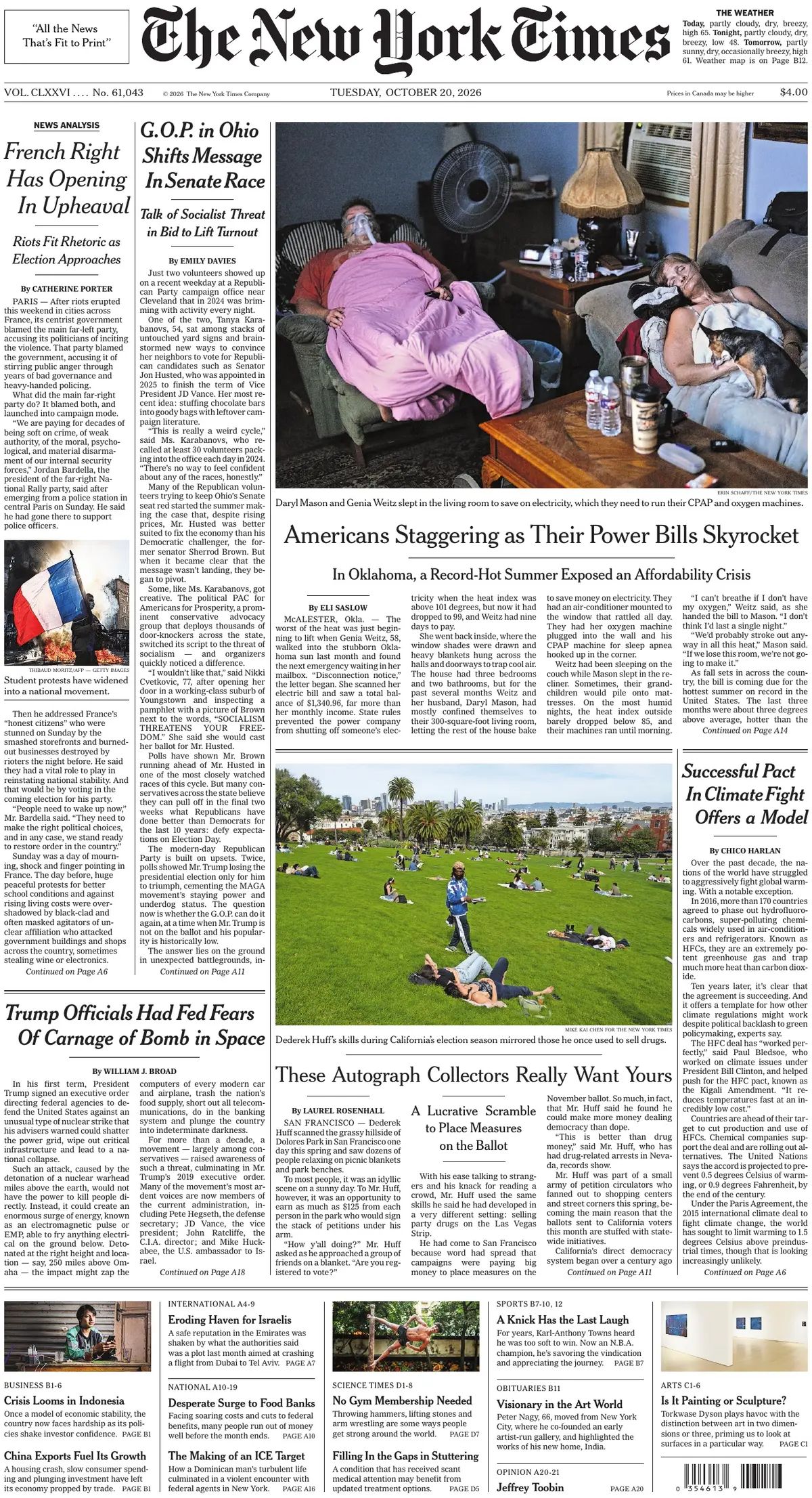 Prima pagina The New York Times del 20/10/2026