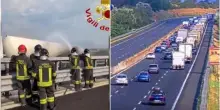 Camion di Gpl a fuoco sulla A1, autostrada chiusa. Distribuita acqua agli automobilisti in coda