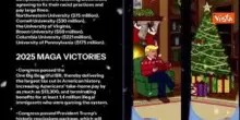 Trump cartoon legge sotto l'Albero, musica di Natale e traguardi Maga, gli auguri della Casa Bianca