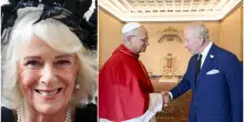 Re Carlo in Vaticano con Camilla. Lei in nero (per motivi di protocollo), lui deciso a puntare su dialogo e preghiera. Intanto il nuovo scandalo sul fratello Andrea infuria sui giornali britannici